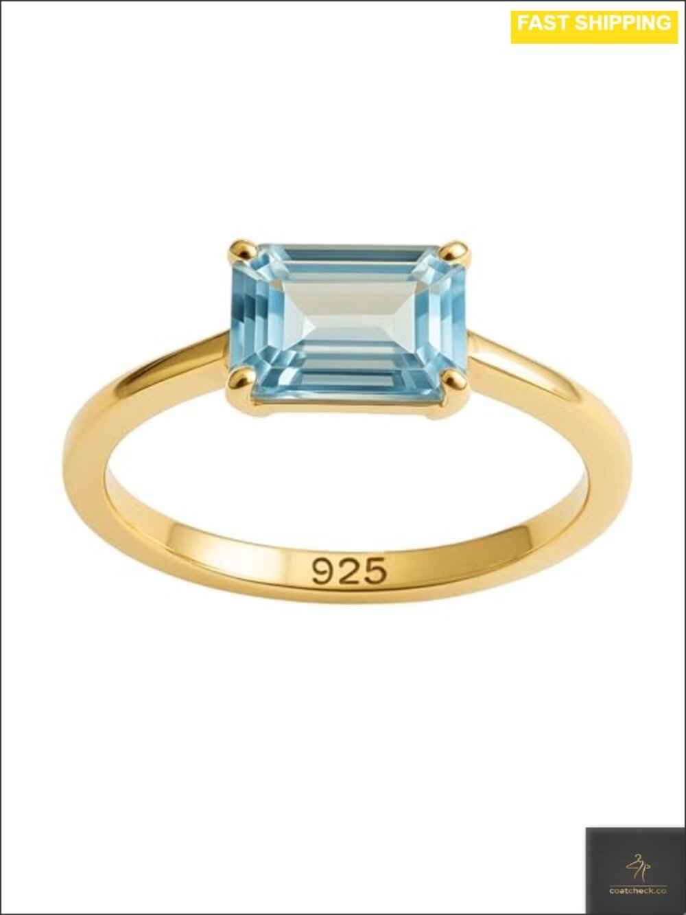 Blue Topaz Baguette Cut Solitaire Ring 925 Sterling Silver Yellow Gold Plated